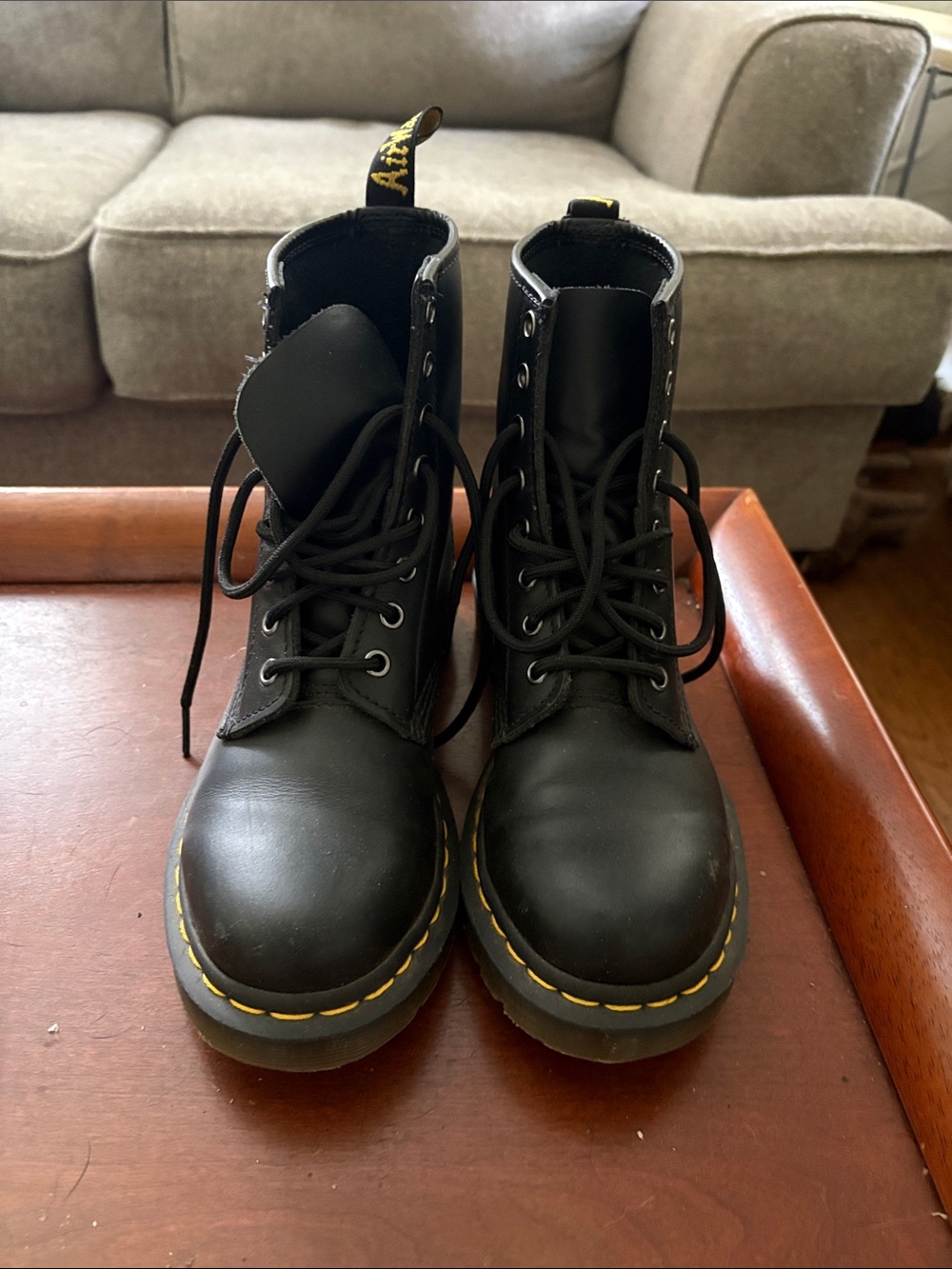 Doc Marten Black Lace-Up Combat Boots with Yellow Stitching